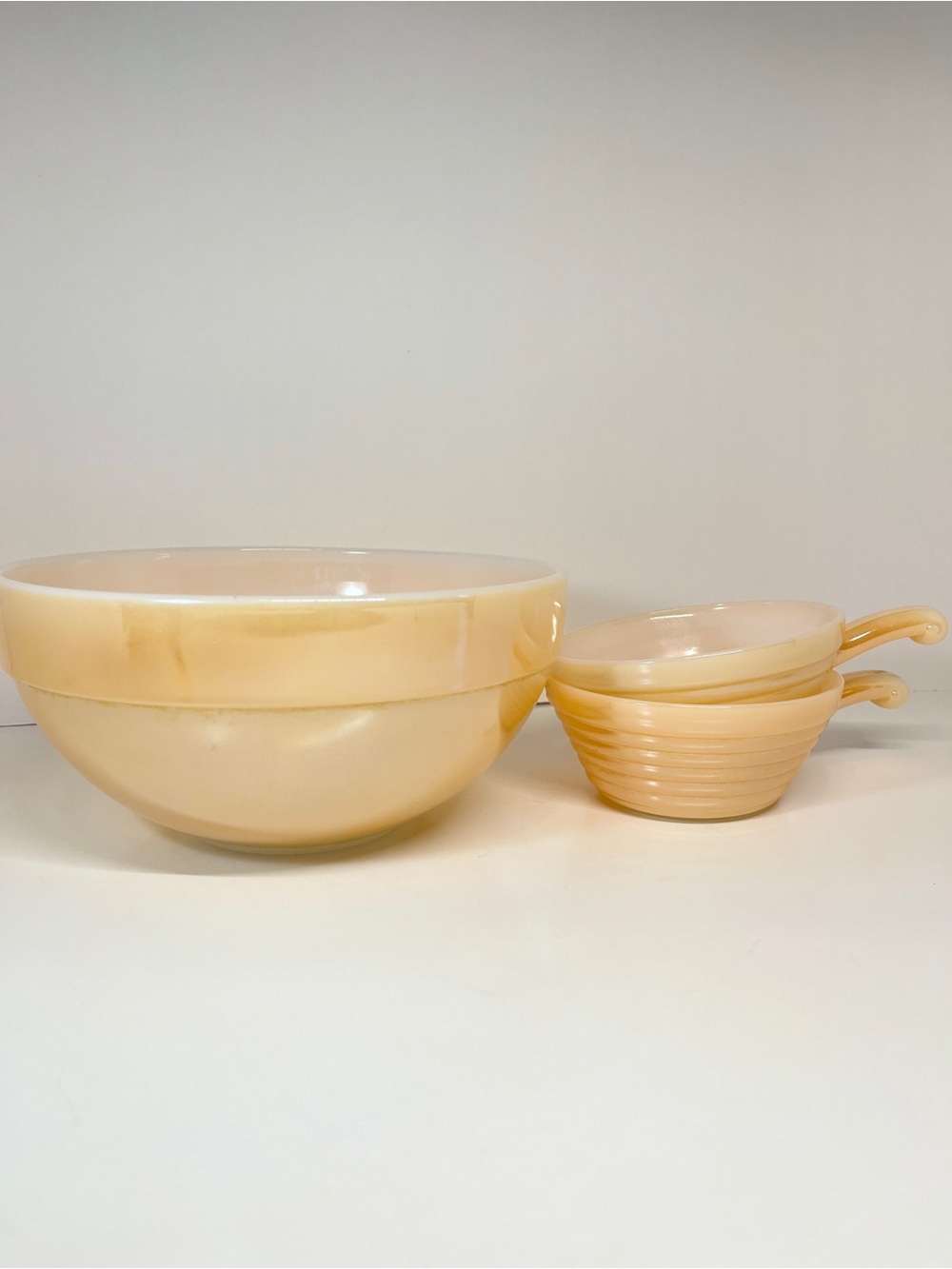 Vintage Fire King Anchor Hocking Peach Luster Mixing Bowl + Beehive Soup Handle
